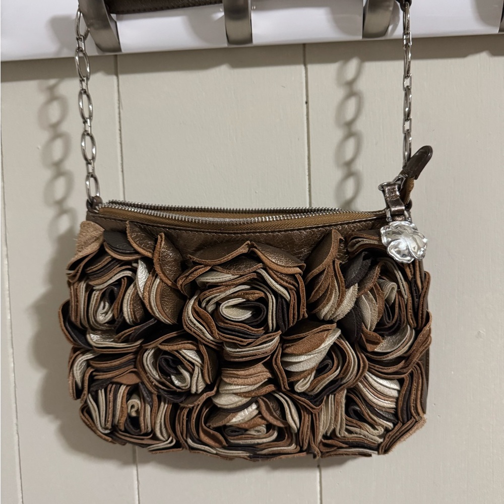 Brighton Leather Elegant Brown Cream Floral Women's Bag purse silver hardware